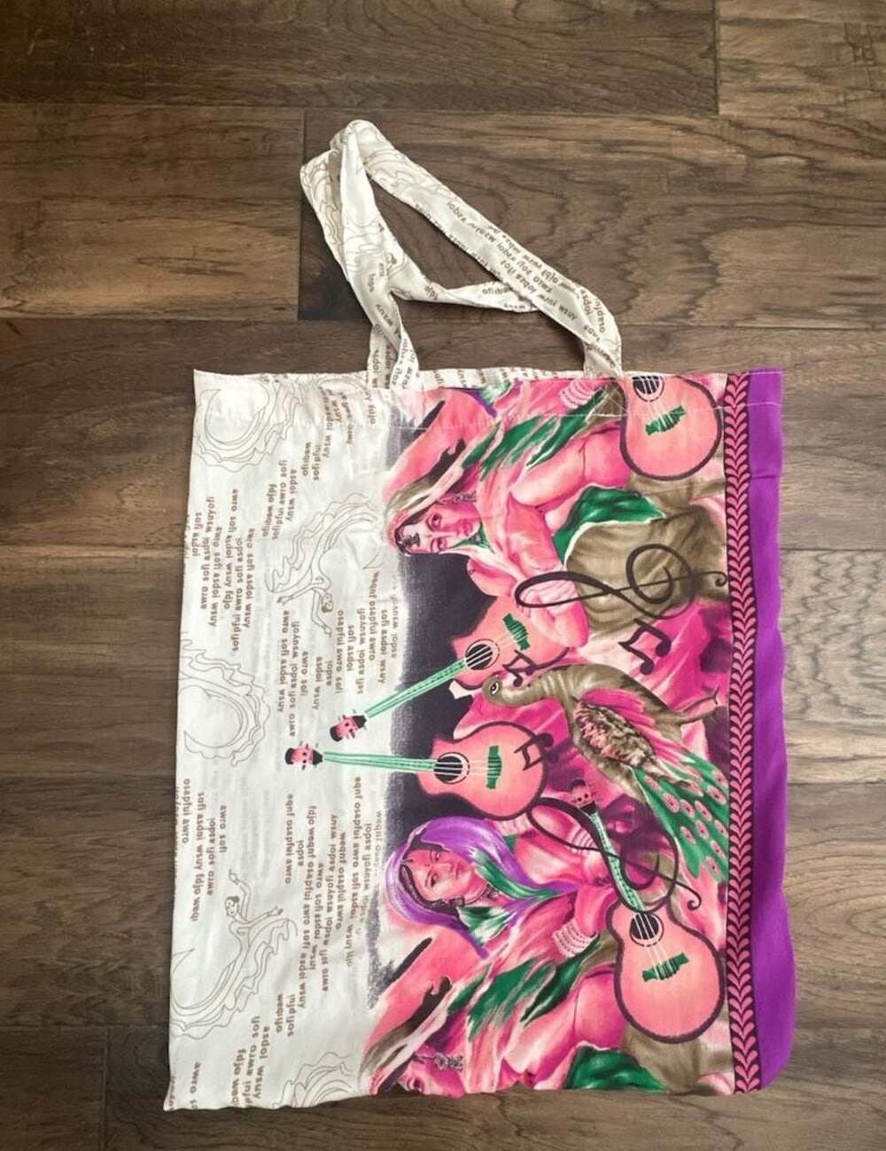 Soruka Recycled Fabric Tote Bag with Musicians and Peacock Print